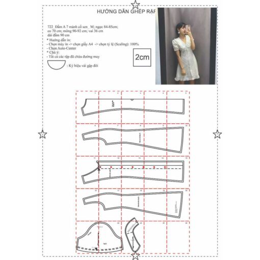 Rập  giấy A0 mã 722 - đầm cổ sen 7 mảnh - Hình ảnh 2
