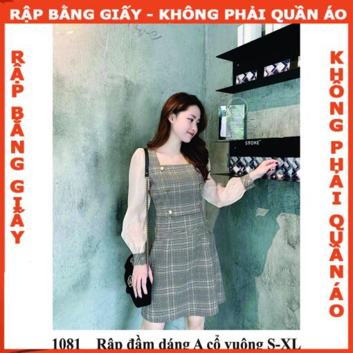 Rập giấy A0 mã 1081 - đầm dáng A cổ vuông - Hình ảnh 2