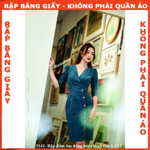 Rập giấy A0 mã 1142 - đầm dáng bút chì cổ tim - Hình ảnh 4