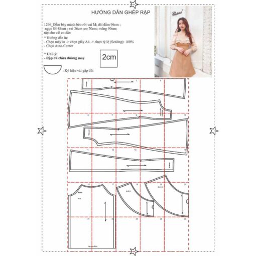 Rập giấy A0 mã 1296 - đầm tay dài trễ vai 7 mảnh - Hình ảnh 3