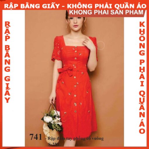 Rập giấy A0 mã 741 - đầm tay phồng cổ vuông