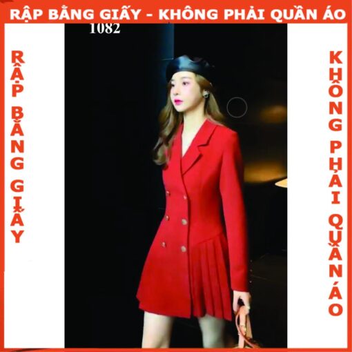 Rập giấy A0 mã 1082  -đầm cổ ve tay dài, váy dập ly - Hình ảnh 3