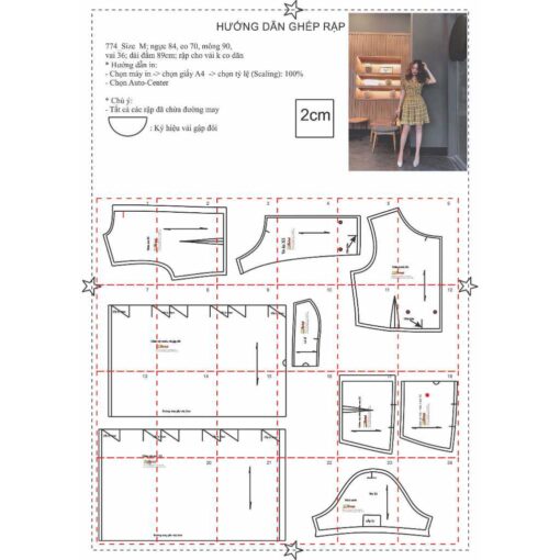 Rập giấy A0 mã 774 - may đầm cổ bẻ - Hình ảnh 2