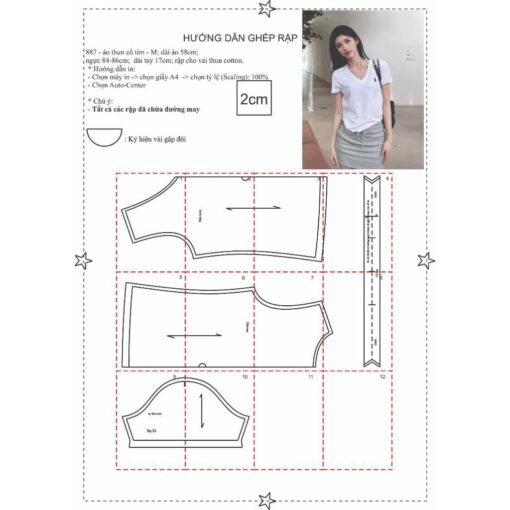 Rập giấy A0 mã 887 - áo thun cổ tim nữ - Hình ảnh 6