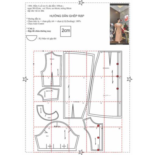 Rập giấy A0 đầm cổ sen  mã 1496 - Hình ảnh 2