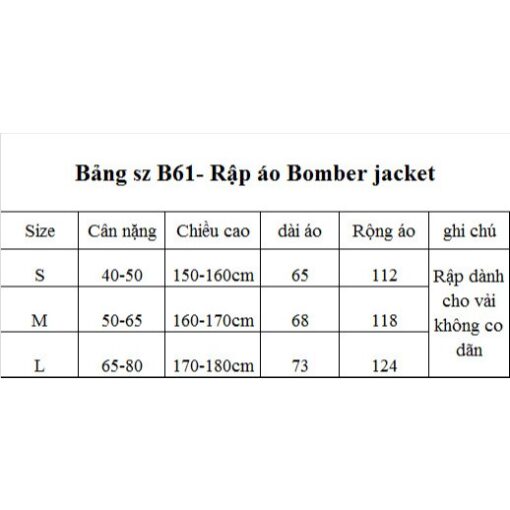 Rập giấy A0 mã B61 - áo bomber unisex -40 đến 130kg - Hình ảnh 4