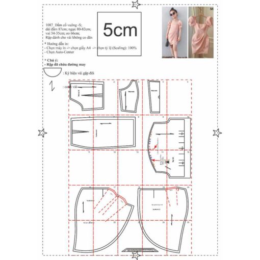 Rập  giấy A0 mã 1087 - đầm cổ vuông tay phồng - Hình ảnh 2