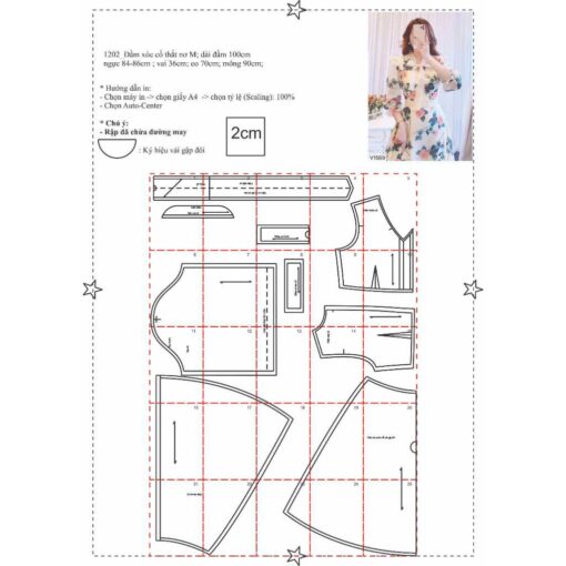 Rập giấy A0 mã 1202 - đầm tay phồng thắt nơ - Hình ảnh 2