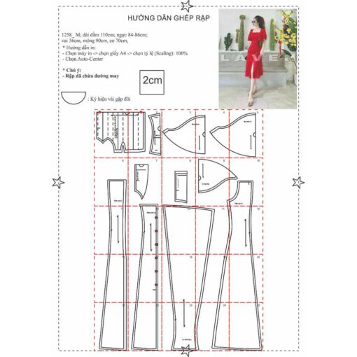 Rập giấy A0 mã 1258 - đầm 7 mảnh tay loe - Hình ảnh 2