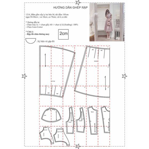 Rập giấy A0 mã  1214 - đầm xếp ly - Hình ảnh 3