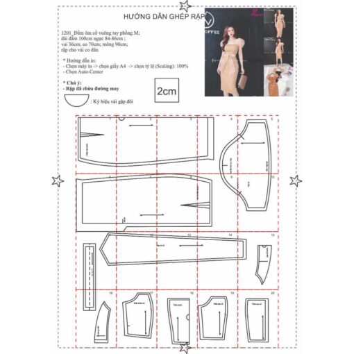 Rập giấy A0 mã 1201 - đầm tay phồng - Hình ảnh 3