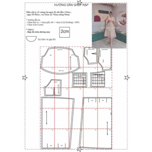 Rập giấy A0 mã 1256 - đầm tay phồng cổ vuông - Hình ảnh 2
