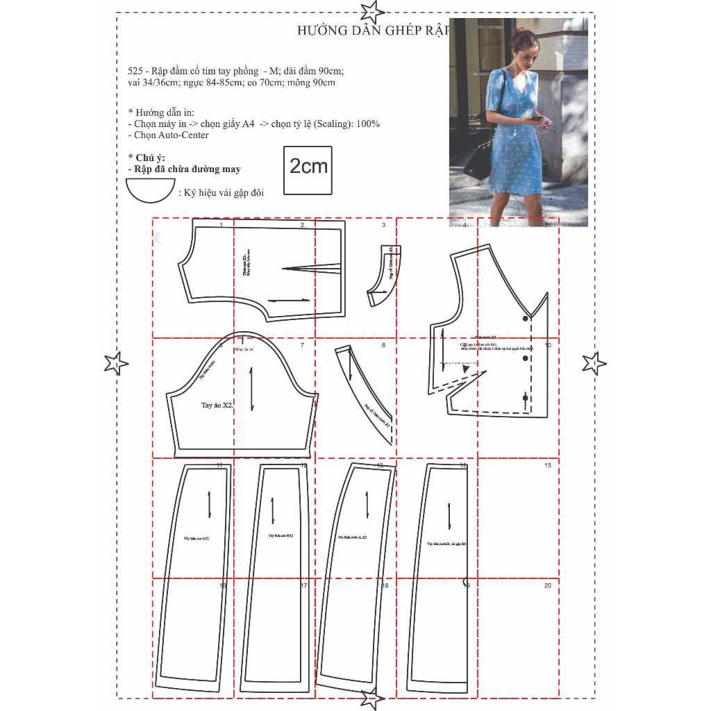 Rập giấy A0 mã 525 - đầm tay phồng - Ảnh 2